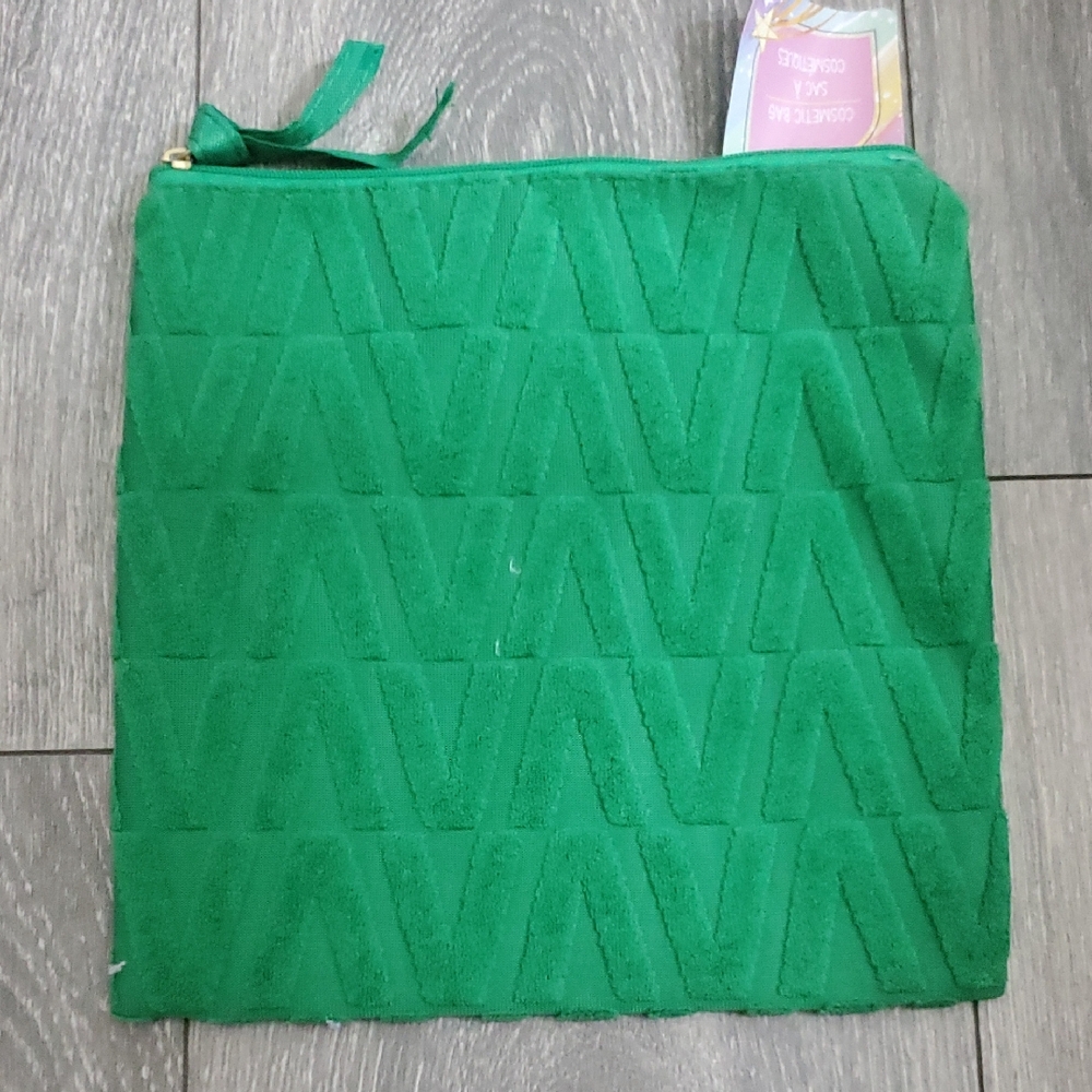 Green Textured Suede Zip Cosmetic Pouch Bag
